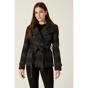 Maralyn & Me Grey Black Red Plaid Peacoat Belted Jacket Size Large Y2K Vintage
